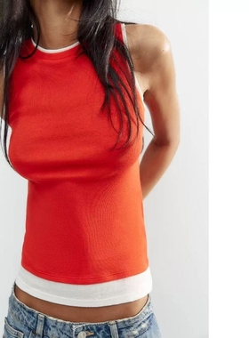 ZA外贸出口新品女装多色选双层效果拼接圆领无袖简约T恤 5644776