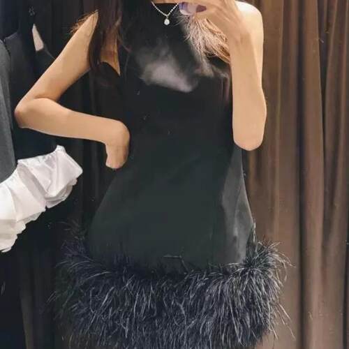 黑色羽毛流苏下摆小黑裙连衣裙
