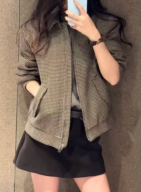 ZA外贸出口女装新款秋冬通勤风千鸟格垫肩飞行员夹克外套9499157