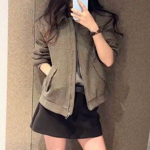 ZA外贸出口女装 秋冬通勤风千鸟格垫肩飞行员夹克外套9499157 新款