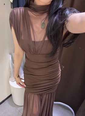 ZA外贸出口纯欲小性感网纱双层垂顺绢网拼接连衣裙4772252 717