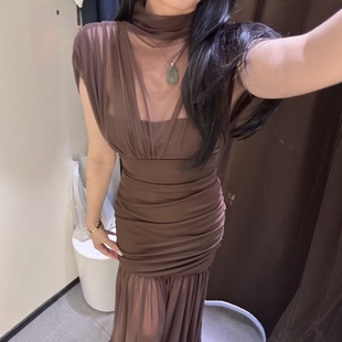 ZA外贸出口纯欲小性感网纱双层垂顺绢网拼接连衣裙4772252 717