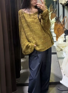 ZA外贸出口芥末黄绿色八股编织镂空装饰辣妹风针织衫3646101