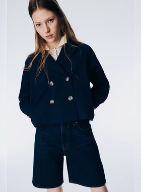 ZA外贸出口女装秋冬浩瀚深空藏蓝色高级商务感短风衣长袖1259401