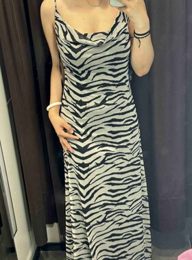 ZA外贸出口夏季新品女装斑马纹印花绢网吊带长连衣裙 5039474 037