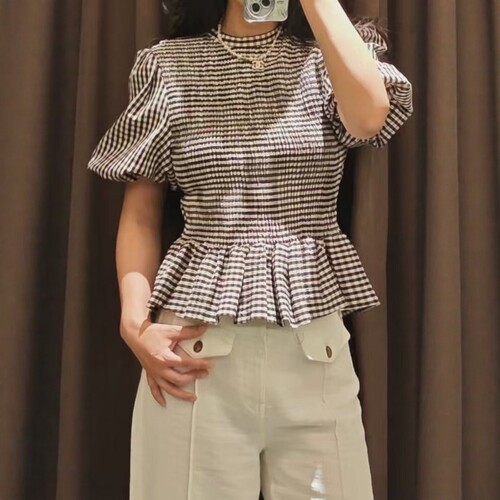 泡泡短袖蓬蓬下摆小格纹蜂巢上衣