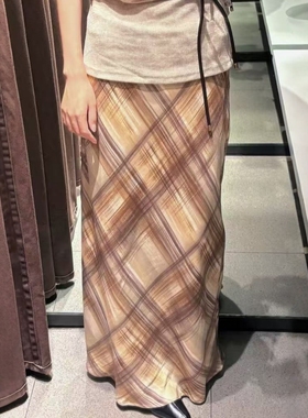 ZA外贸出口女装新款休闲网格丝缎质感迷笛半身裙5029225 083