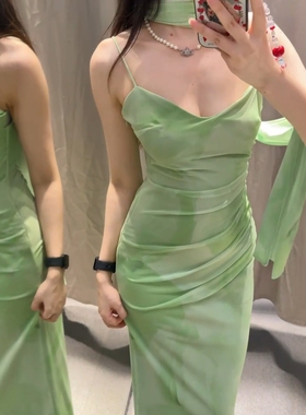 ZA外贸出口新款绿色小清新性感吊带围巾饰绢网迷笛连衣裙3152327