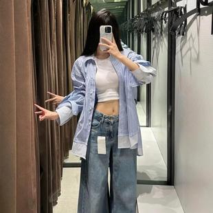 口府绸衬衫 ZA外贸出口秋季 扣袖 条纹撞色下摆袖 上衣女8458419 新品