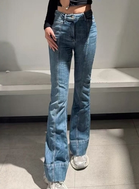ZA外贸出口女装新款竖线装饰美式复古软质中腰喇叭牛仔裤7223224