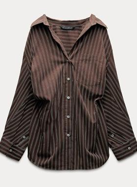 ZA外贸出口秋冬女装棉质舒适蝙蝠袖条纹翻领衬衫 3067106 700