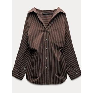3067106 条纹翻领衬衫 700 棉质舒适蝙蝠袖 ZA外贸出口秋冬女装