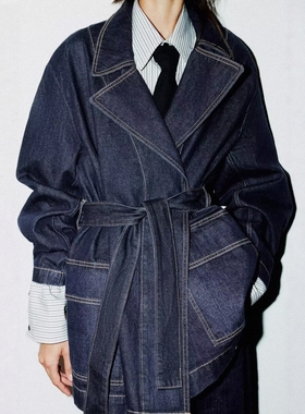 ZA外贸出口女装新款学院风配腰带小翻领配腰带牛仔短风衣4470273