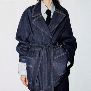 ZA外贸出口女装 学院风配腰带小翻领配腰带牛仔短风衣4470273 新款