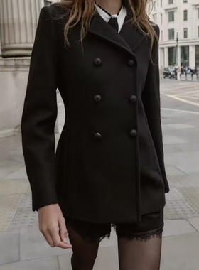 ZA外贸出口女装学院风通勤气质感羊毛混纺双襟大衣外套 8475319