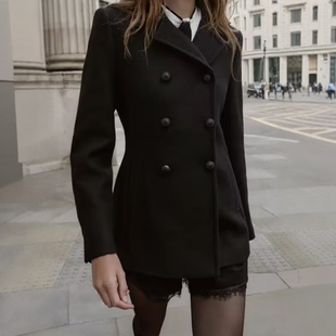 ZA外贸出口女装 8475319 学院风通勤气质感羊毛混纺双襟大衣外套
