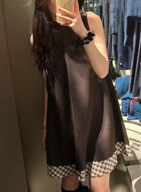 ZA外贸出口女装假两件叠穿背心式高领格子拼接短连衣裙0264850