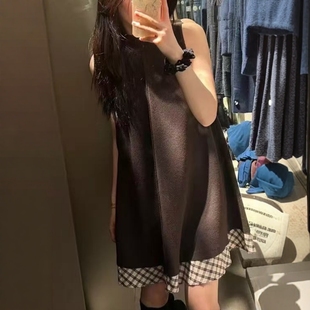 ZA外贸出口女装 高领格子拼接短连衣裙0264850 假两件叠穿背心式