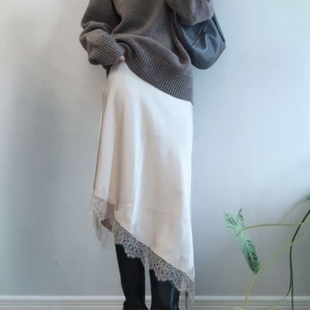 ZA外贸出口女装 垂性蕾丝丝缎质感不对称下摆半身裙4772509 新款