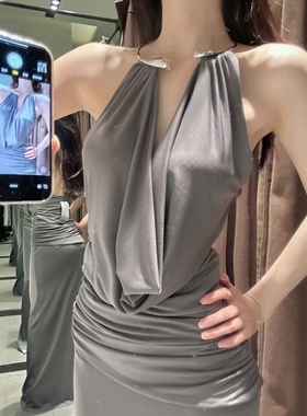 ZA外贸出口女装新款晚宴性感大露背珠宝领晚礼服式连衣裙5063251