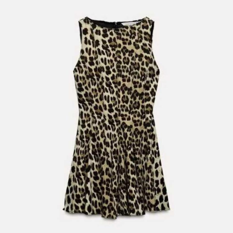 豹纹印花无袖背心裙宽褶连衣裙