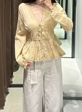 ZA外贸出口女装新品鹅黄色收腰镂空修边设计刺绣薄纱衬衫 0881021