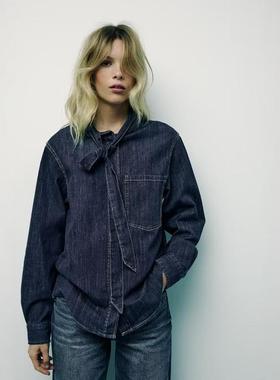 ZA外贸出口秋季法式礼节蝴蝶结领带装饰牛仔上衣衬衫女5520267