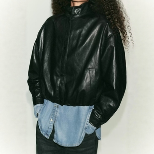 ZA外贸出口美式 6318250 复古辣妹穿搭横纹高领仿皮飞行员夹克外套