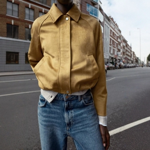 ZA外贸出口浅棕色小翻领磨毛绒面效果飞行员夹克外套6318237 305