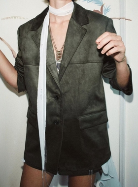 ZA外贸出口女装1255555美式大码墨绿色反绒皮效果西装外套1255704