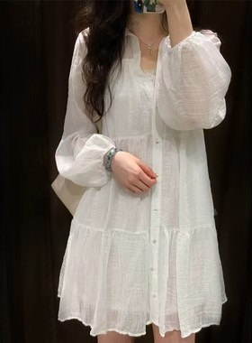 ZA外贸出口女装简约双层罩衫纯白分层拼接短连衣裙3897058 712