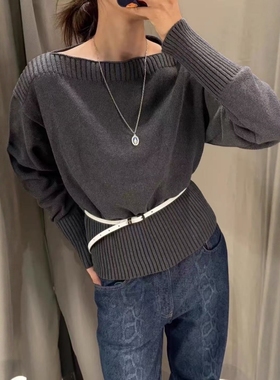 ZA外贸出口女装法式休闲露肩休闲基础款灰色一字领针织衫 6771139