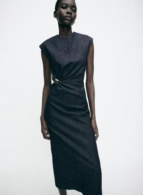 ZA外贸出口新款法式古典气质感金色镶饰牛仔开叉连衣裙女2022576