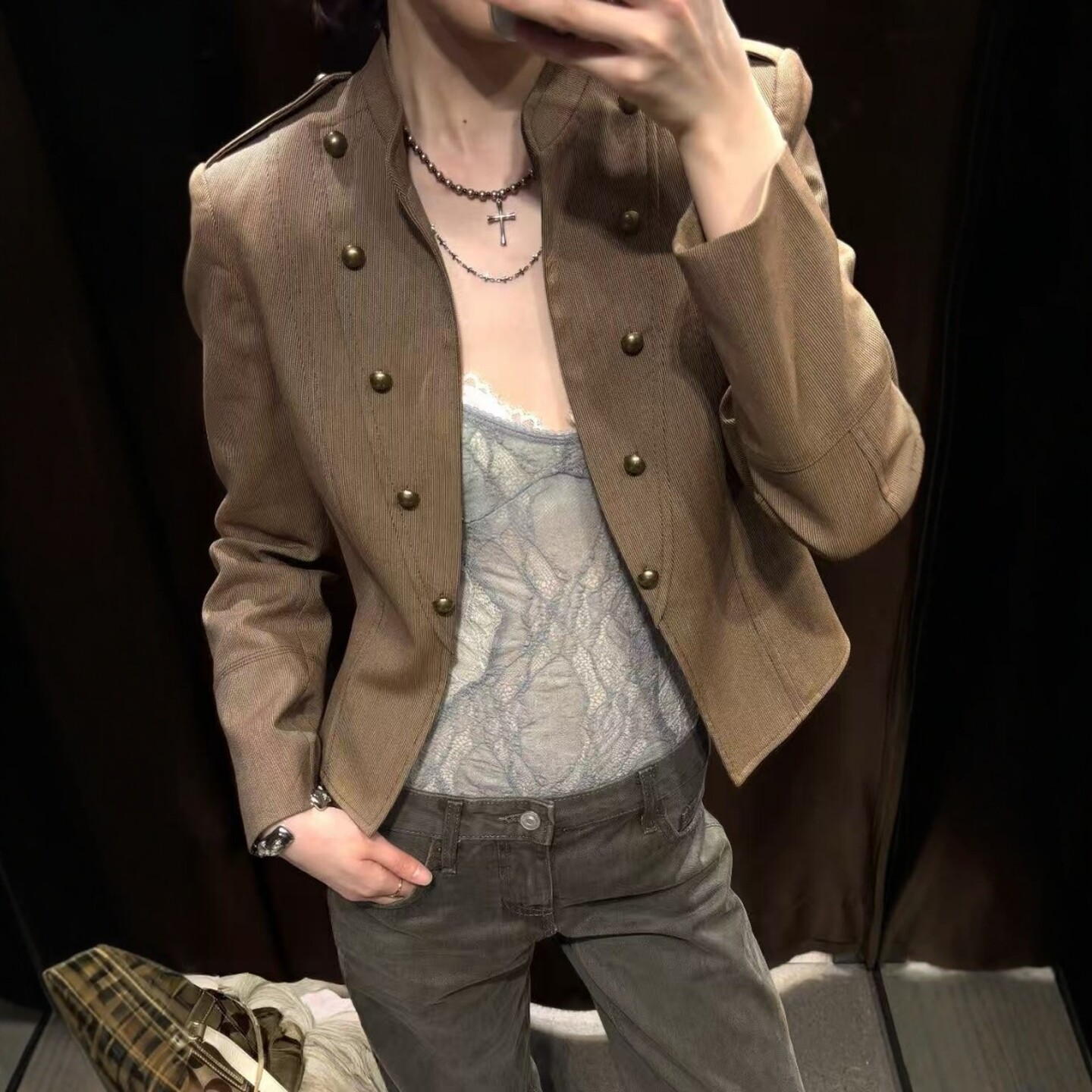 ZA外贸出口女新款小圆立领短款双排纽扣装饰通勤西装外套4840740