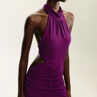 ZA外贸出口女装 飘带开口设计褶皱挂脖领长连衣裙5584304654