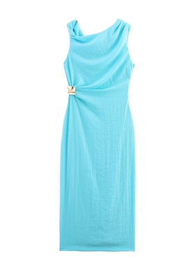 ZA外贸出口夏日风情薄荷冰蓝色卡扣镶饰不对称迷笛连衣裙 8037392