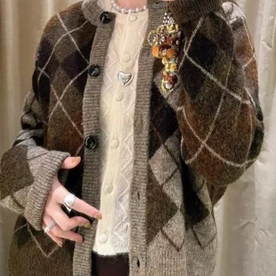 ZA外贸出口新款 毛衣2756124 居家慵懒风复古菱形纹圆领针织开衫