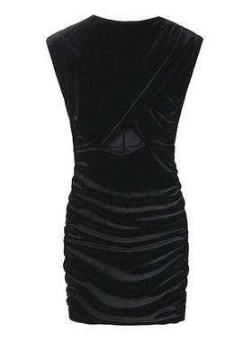 ZA外贸出口秋冬新品修身开口设计褶皱天鹅绒修身连衣裙女9580072