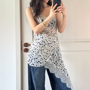 ZA外贸出口女装新款不对称下摆薄纱半透明波点内衣式上衣9364571