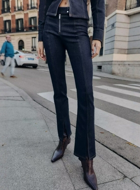 ZA外贸出口女装新款固色工艺开叉裤脚设计中腰修身牛仔裤8872058