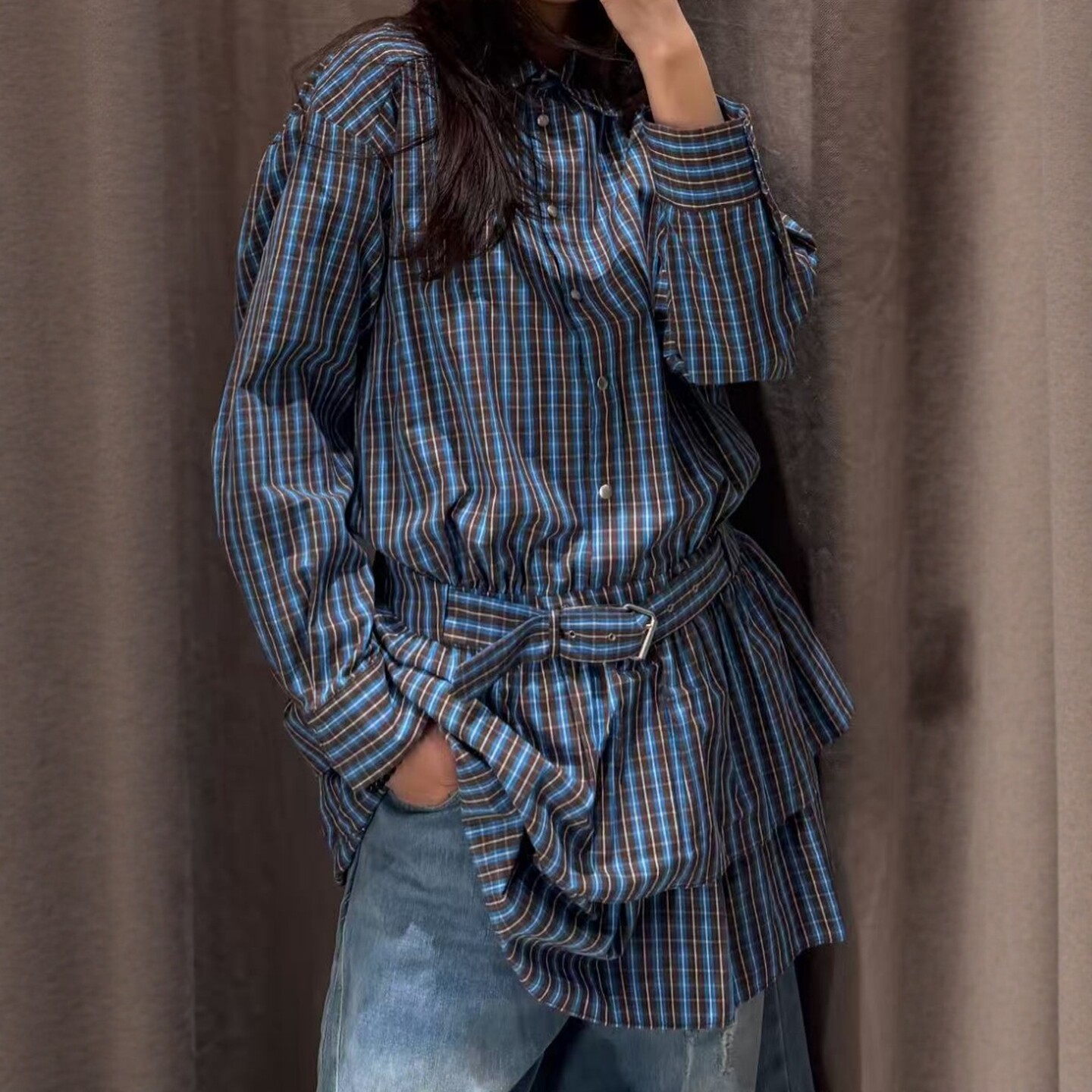 ZA外贸出口女装学院风气质感配腰带格子叠层POLO短连衣裙 2200533