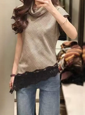 ZA外贸出口女装新款半高领通勤风千鸟格蕾丝拼接上衣9783681