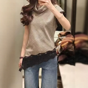 ZA外贸出口女装 半高领通勤风千鸟格蕾丝拼接上衣9783681 新款