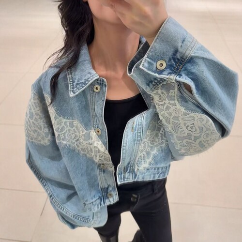 ZA外贸出口女装法式蕾丝贯穿衔接机车感短款牛仔夹克外套6147059