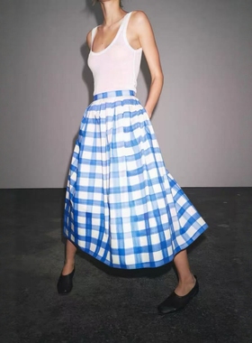 ZA外贸出口新品蓝色网格气质高级感纯棉迷笛半身裙女3090102 044
