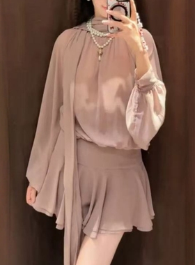 ZA外贸出口女装新款垂性网纱打结装饰蝴蝶结飘逸短连衣裙4772249