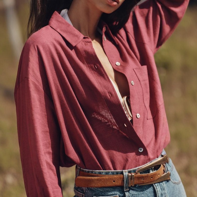 ZA外贸出口新品排扣饰休闲宽松酒红色亚麻宽松翻领衬衫女 2374398,女装/女士精品,衬衫,淘宝优惠券,粉丝福利购,淘宝优惠卷