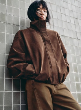 ZA外贸出口女装 美式复古甜酷风 防风领反绒皮夹克外套4341878