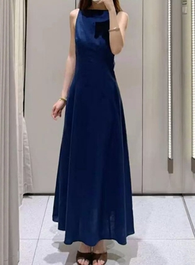 ZA外贸出口女装新款极简赫本风露背亚麻迷笛背心式连衣裙2556826
