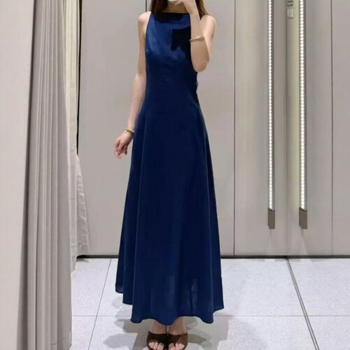 赫本风露背亚麻迷笛背心式连衣裙